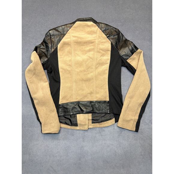 Express Two Toned Beige and Black Leather Full Zip Blazer Jacket Poly Women Med - Picture 9 of 10
